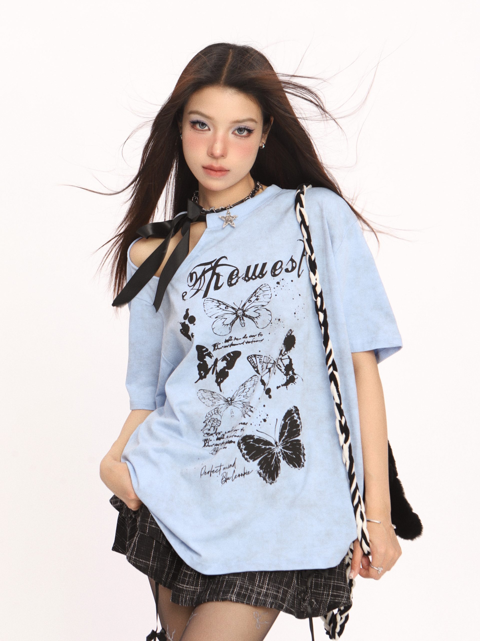 Off-Shoulder Butterfly Short Sleeve T-Shirt for Women - American Style Summer Top, Casual Y2K Hot Girl Fashion Off-Shoulder Butterfly Short Sleeve T-Shirt for Women - American Style Summer Top, Casual Y2K Hot Girl Fashion