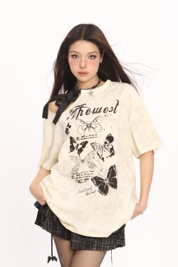 Off-Shoulder Butterfly Short Sleeve T-Shirt for Women - American Style Summer Top, Casual Y2K Hot Girl Fashion