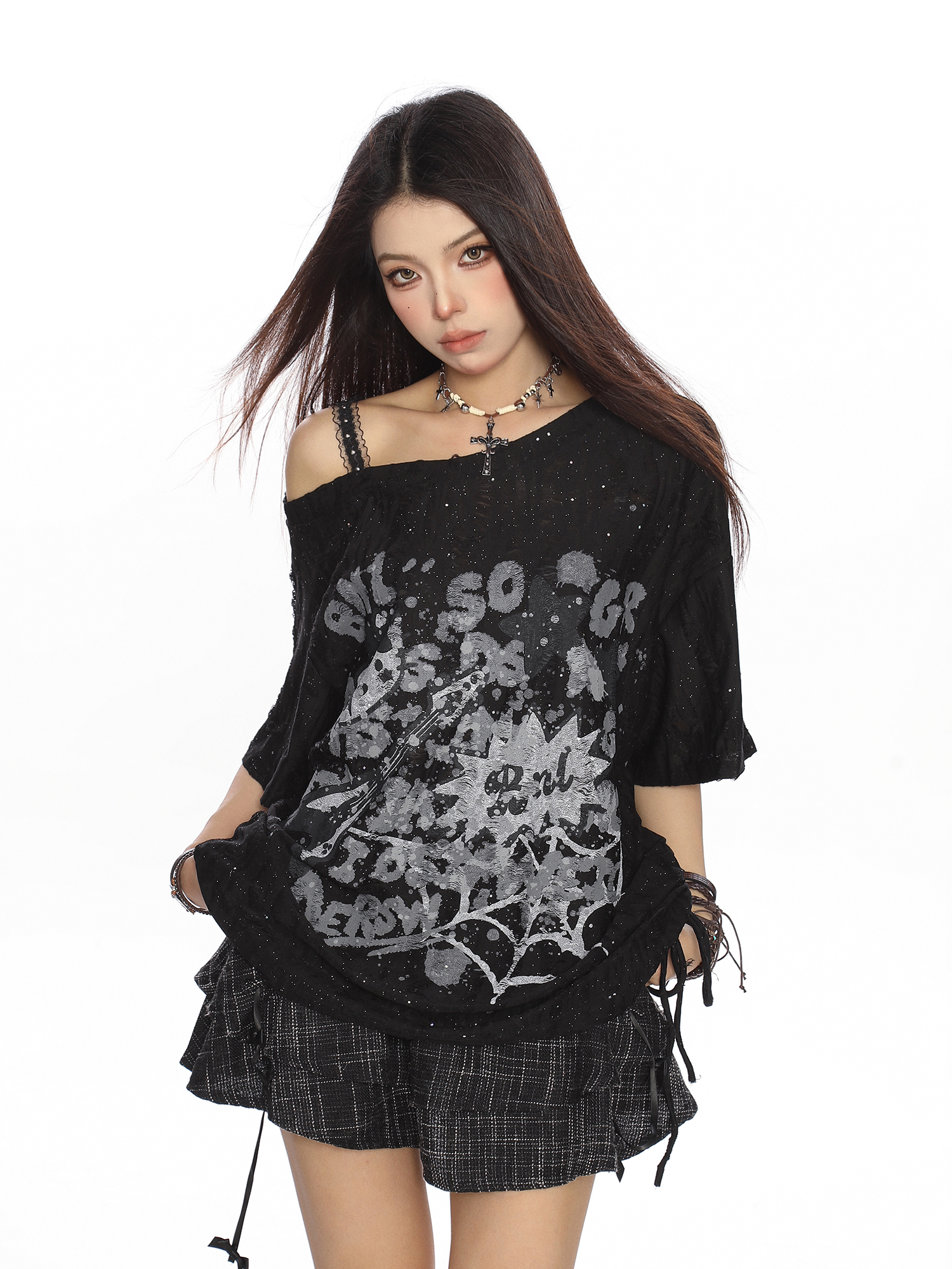 Off-Shoulder Hello Kitty Graffiti T-Shirt for Women - Summer Loose Casual Short Sleeve with Drawstring Slimming Cover-Up, Trendy 90s Style Off-Shoulder Hello Kitty Graffiti T-Shirt for Women - Summer Loose Casual Short Sleeve with Drawstring Slimming Cover-Up, Trendy 90s Style