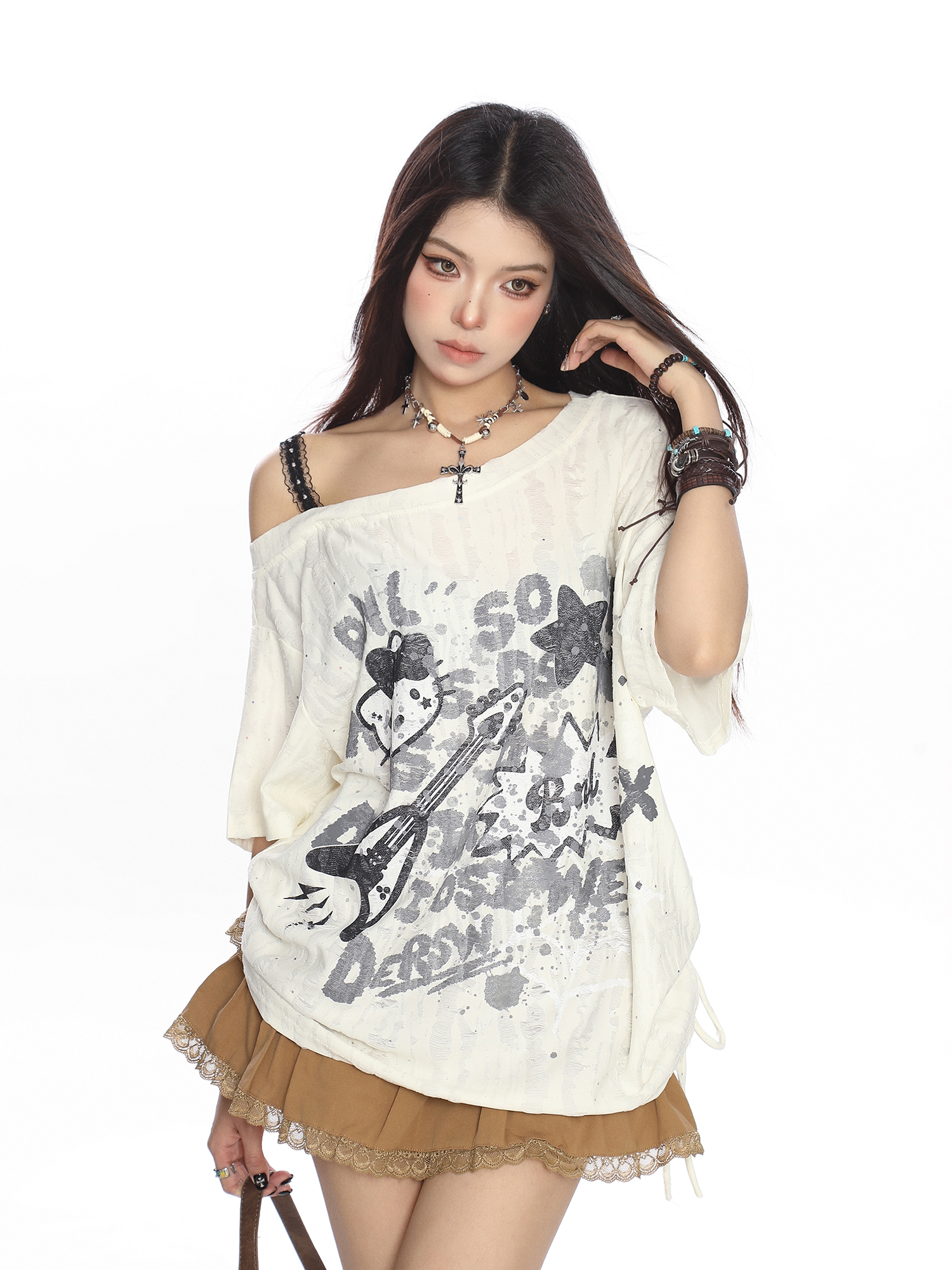 Off-Shoulder Hello Kitty Graffiti T-Shirt for Women - Summer Loose Casual Short Sleeve with Drawstring Slimming Cover-Up, Trendy 90s Style Off-Shoulder Hello Kitty Graffiti T-Shirt for Women - Summer Loose Casual Short Sleeve with Drawstring Slimming Cover-Up, Trendy 90s Style