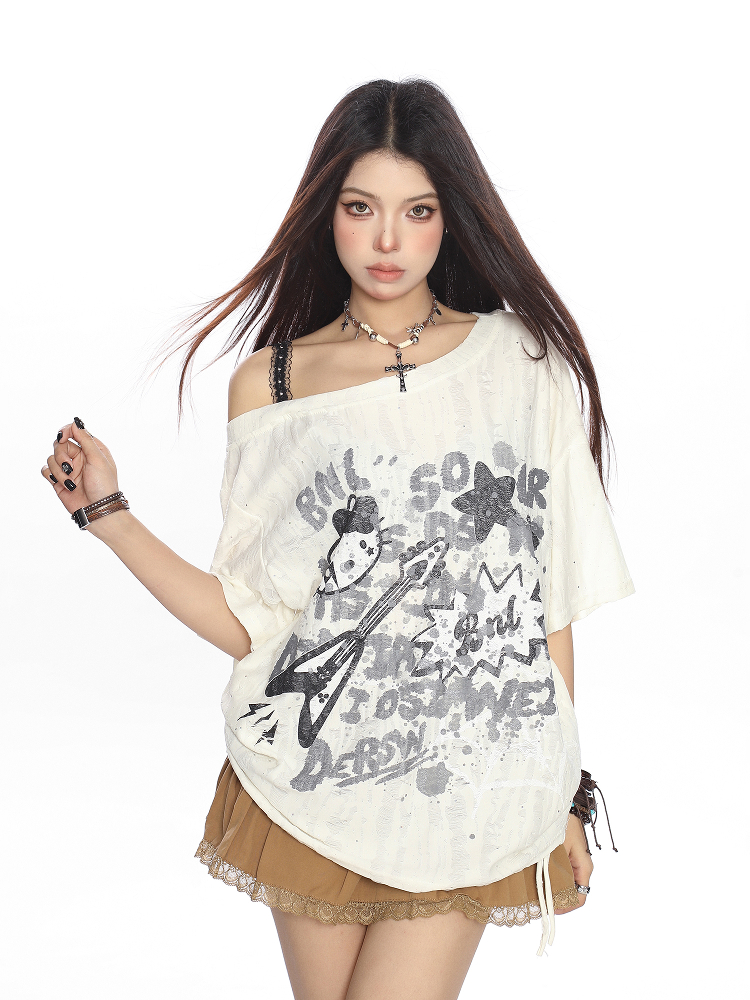 Off-Shoulder Hello Kitty Graffiti T-Shirt for Women - Summer Loose Casual Short Sleeve with Drawstring Slimming Cover-Up, Trendy 90s Style Off-Shoulder Hello Kitty Graffiti T-Shirt for Women - Summer Loose Casual Short Sleeve with Drawstring Slimming Cover-Up, Trendy 90s Style