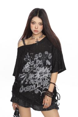 Off-Shoulder Hello Kitty Graffiti T-Shirt for Women - Summer Loose Casual Short Sleeve with Drawstring Slimming Cover-Up, Trendy 90s Style