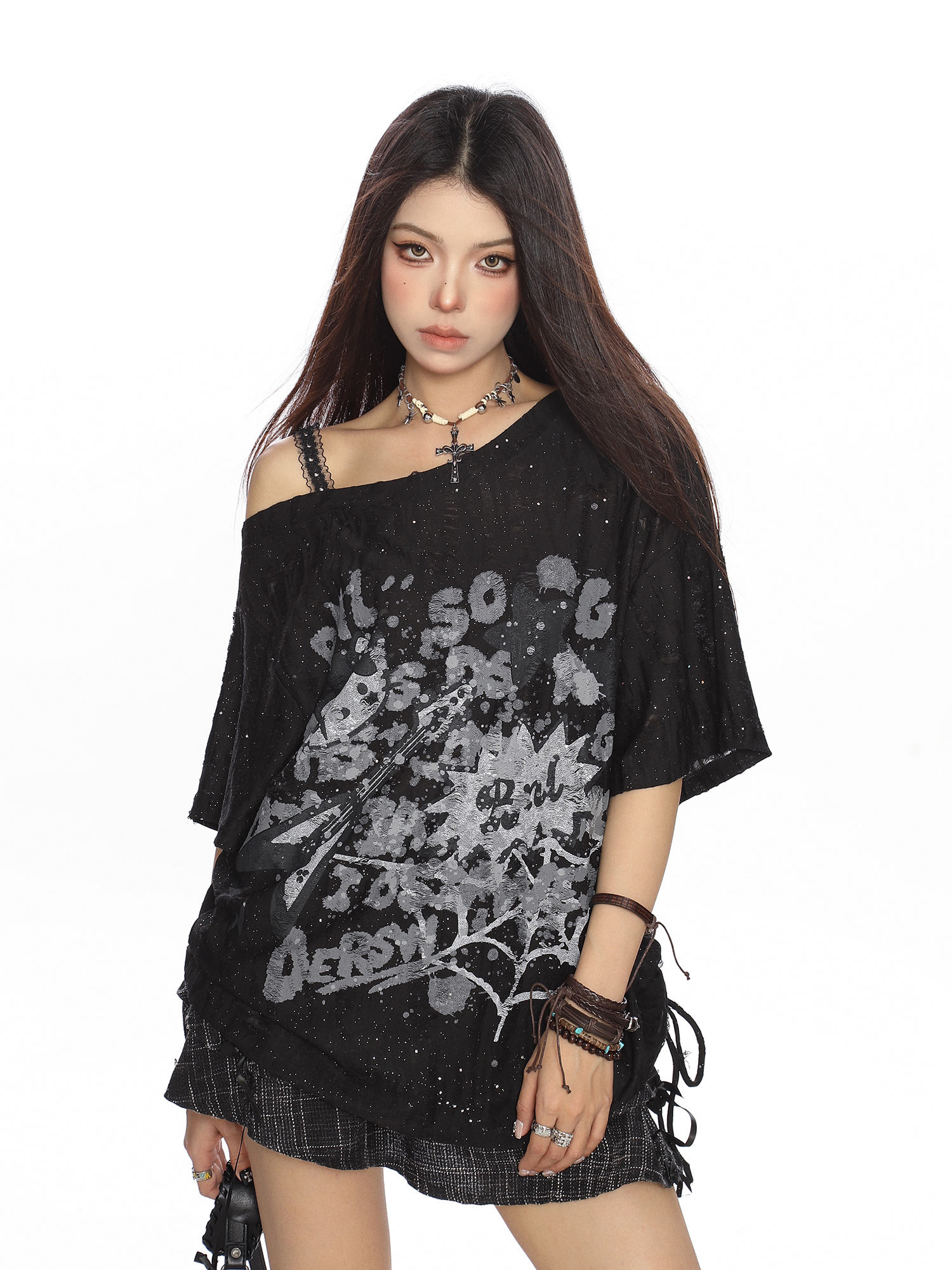 Off-Shoulder Hello Kitty Graffiti T-Shirt for Women - Summer Loose Casual Short Sleeve with Drawstring Slimming Cover-Up, Trendy 90s Style Off-Shoulder Hello Kitty Graffiti T-Shirt for Women - Summer Loose Casual Short Sleeve with Drawstring Slimming Cover-Up, Trendy 90s Style