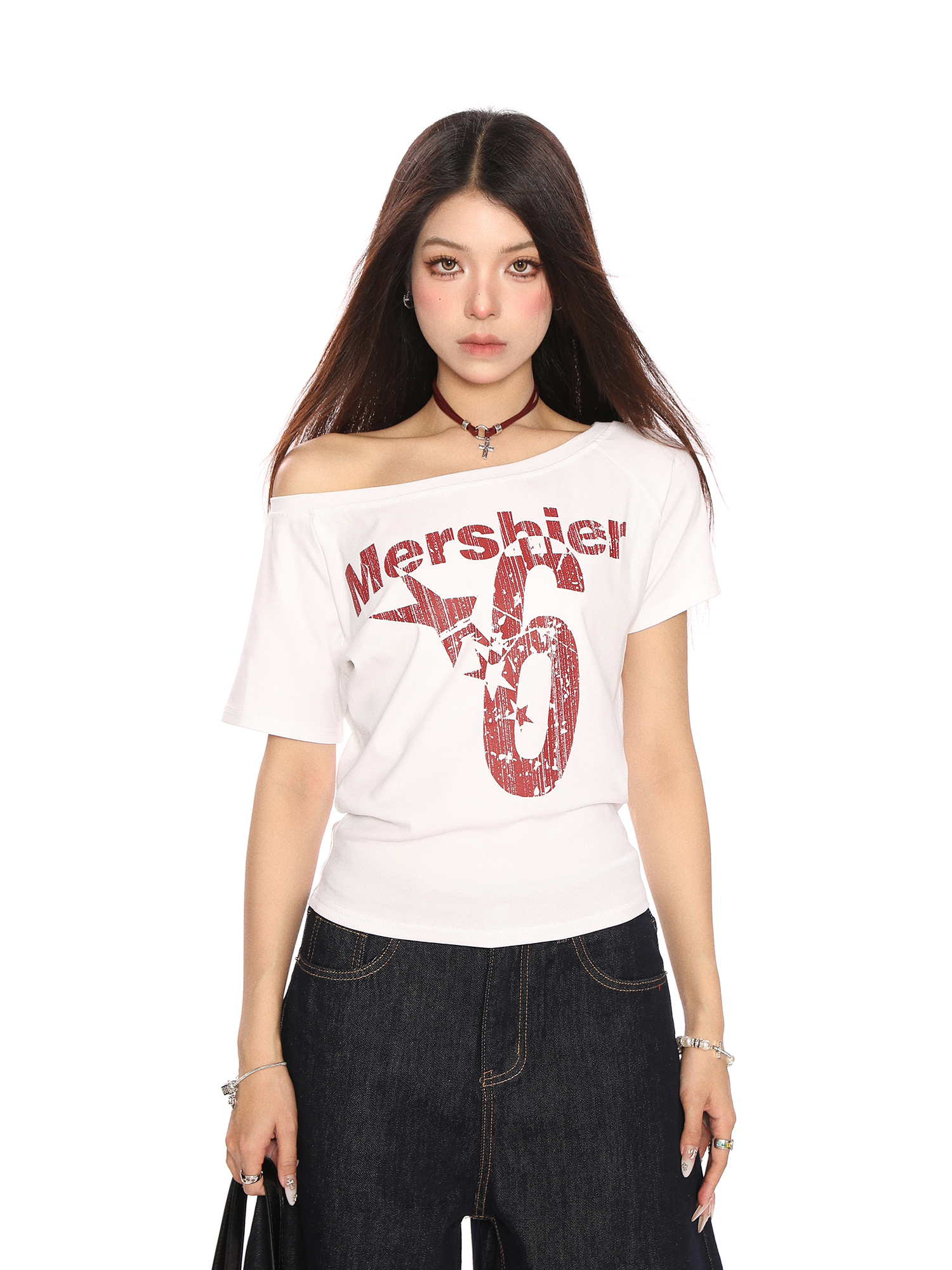 Off-Shoulder Letter Print Short Sleeve T-Shirt for Women - Spicy Girl Summer Slim Fit Top in American Style Off-Shoulder Letter Print Short Sleeve T-Shirt for Women - Spicy Girl Summer Slim Fit Top in American Style