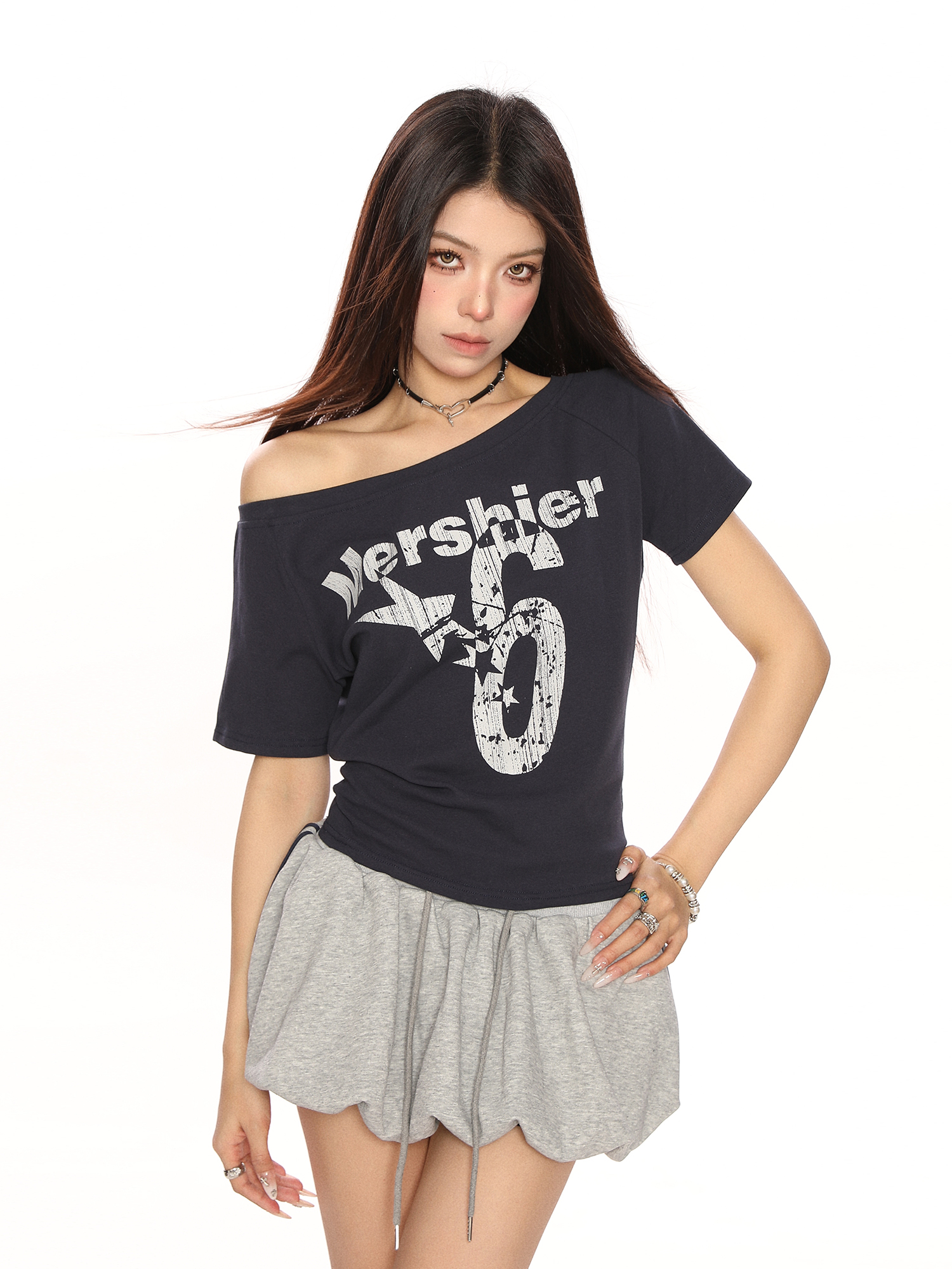 Off-Shoulder Letter Print Short Sleeve T-Shirt for Women - Spicy Girl Summer Slim Fit Top in American Style Off-Shoulder Letter Print Short Sleeve T-Shirt for Women - Spicy Girl Summer Slim Fit Top in American Style