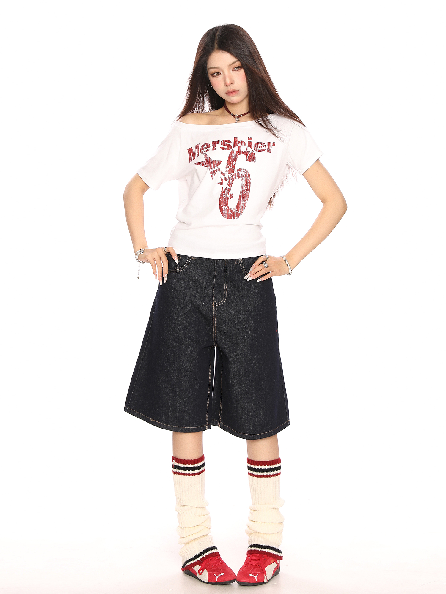 Off-Shoulder Letter Print Short Sleeve T-Shirt for Women - Spicy Girl Summer Slim Fit Top in American Style Off-Shoulder Letter Print Short Sleeve T-Shirt for Women - Spicy Girl Summer Slim Fit Top in American Style