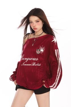 Off-Shoulder Long Sleeve Sweatshirt for Women - Slim Fit American Style Jersey Top for Autumn Sports Fashion