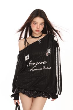 Off-Shoulder Long Sleeve Sweatshirt for Women - Slim Fit American Style Jersey Top for Autumn Sports Fashion