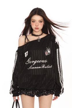 Off-Shoulder Long Sleeve Sweatshirt for Women - Slim Fit American Style Jersey Top for Autumn Sports Fashion