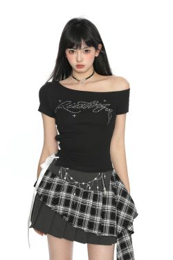 Off-Shoulder Rhinestone Letter Short Sleeve T-Shirt for Women - Summer Slim Fit Cropped Top, Sweet Cool Y2K Style