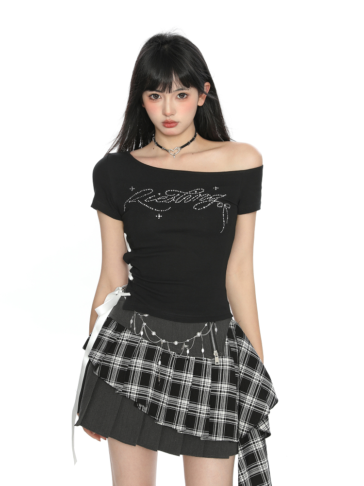 Off-Shoulder Rhinestone Letter Short Sleeve T-Shirt for Women - Summer Slim Fit Cropped Top, Sweet Cool Y2K Style Off-Shoulder Rhinestone Letter Short Sleeve T-Shirt for Women - Summer Slim Fit Cropped Top, Sweet Cool Y2K Style