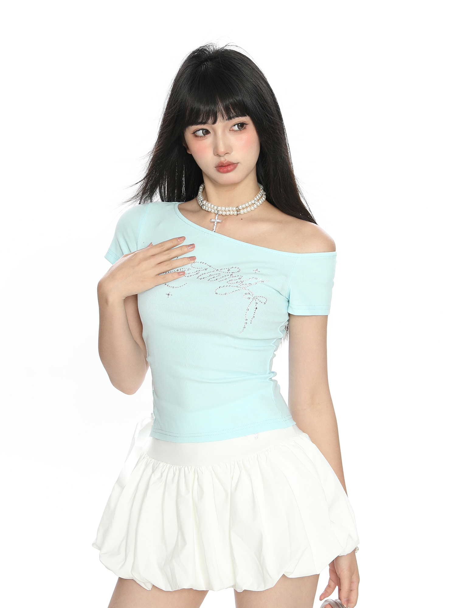 Off-Shoulder Rhinestone Letter Short Sleeve T-Shirt for Women - Summer Slim Fit Cropped Top, Sweet Cool Y2K Style Off-Shoulder Rhinestone Letter Short Sleeve T-Shirt for Women - Summer Slim Fit Cropped Top, Sweet Cool Y2K Style