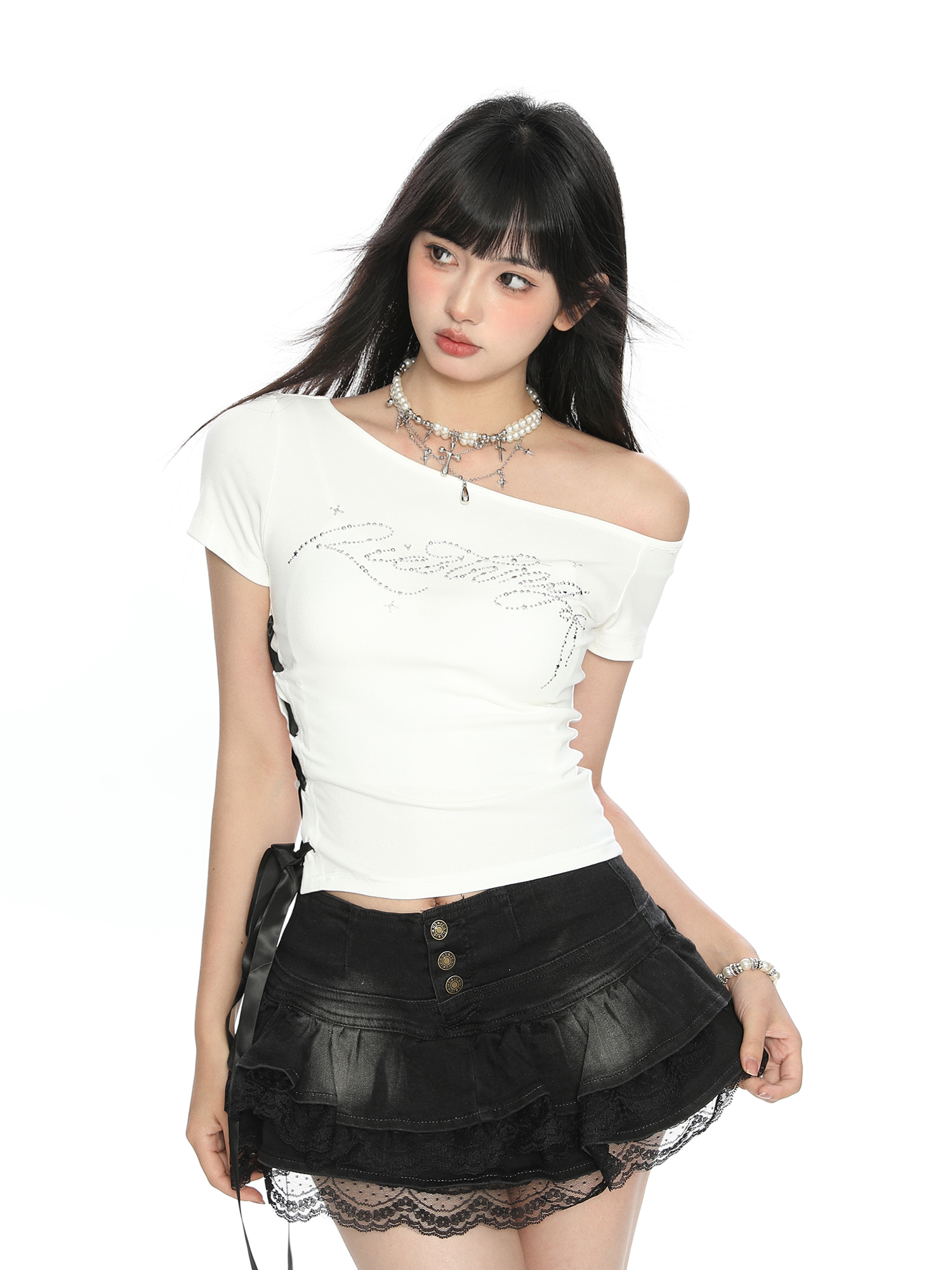 Off-Shoulder Rhinestone Letter Short Sleeve T-Shirt for Women - Summer Slim Fit Cropped Top, Sweet Cool Y2K Style Off-Shoulder Rhinestone Letter Short Sleeve T-Shirt for Women - Summer Slim Fit Cropped Top, Sweet Cool Y2K Style