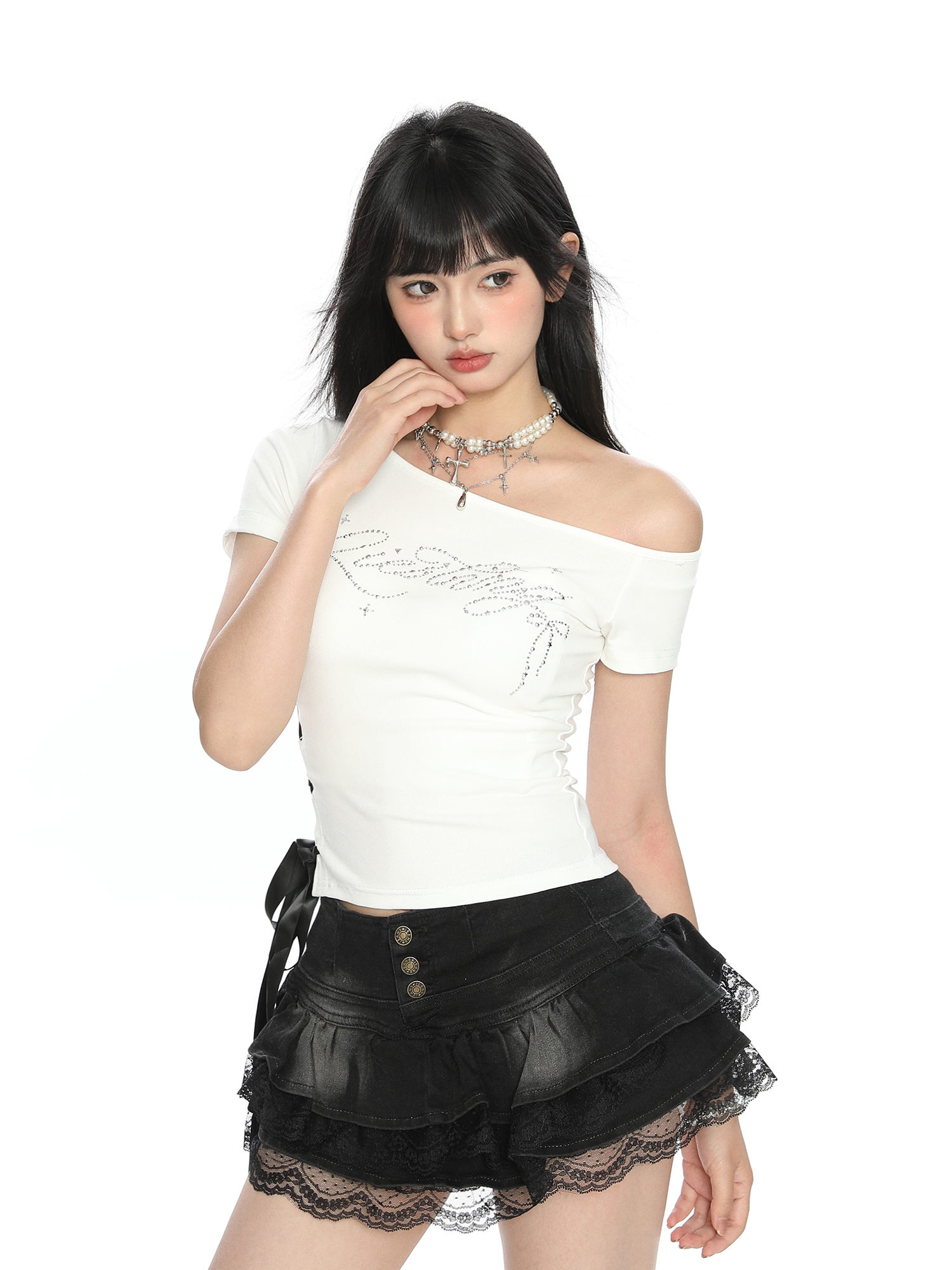 Off-Shoulder Rhinestone Letter Short Sleeve T-Shirt for Women - Summer Slim Fit Cropped Top, Sweet Cool Y2K Style Off-Shoulder Rhinestone Letter Short Sleeve T-Shirt for Women - Summer Slim Fit Cropped Top, Sweet Cool Y2K Style