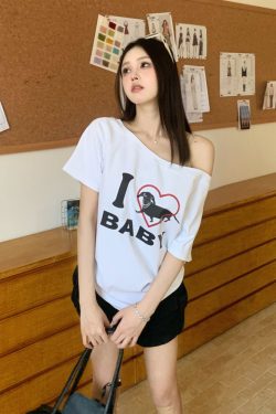 Off-Shoulder Short Sleeve Love Heart T-Shirt for Women - Casual Summer Asymmetrical Top, 90s Inspired, Spicy Sister Style