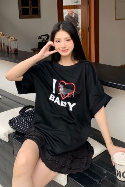 Off-Shoulder Short Sleeve Love Heart T-Shirt for Women - Casual Summer Asymmetrical Top, 90s Inspired, Spicy Sister Style