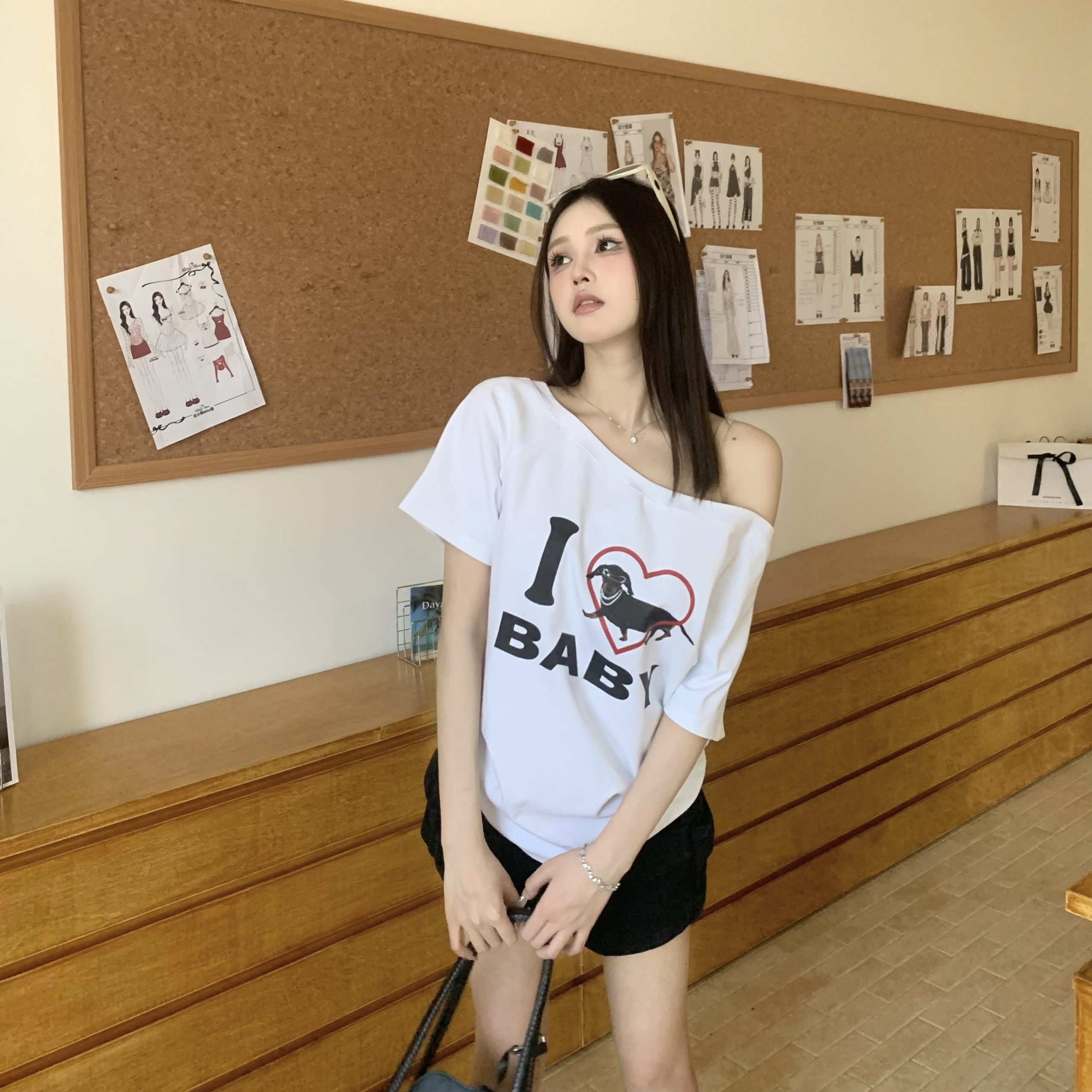 Off-Shoulder Short Sleeve Love Heart T-Shirt for Women - Casual Summer Asymmetrical Top, 90s Inspired, Spicy Sister Style Off-Shoulder Short Sleeve Love Heart T-Shirt for Women - Casual Summer Asymmetrical Top, 90s Inspired, Spicy Sister Style