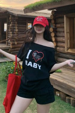 Off-Shoulder Short Sleeve Love Heart T-Shirt for Women - Casual Summer Asymmetrical Top, 90s Inspired, Spicy Sister Style