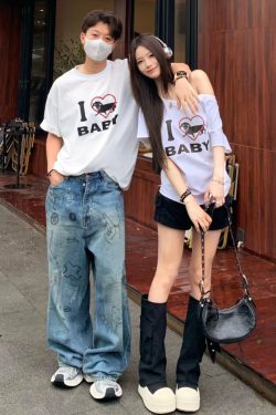 Off-Shoulder Short Sleeve Love Heart T-Shirt for Women - Casual Summer Asymmetrical Top, 90s Inspired, Spicy Sister Style