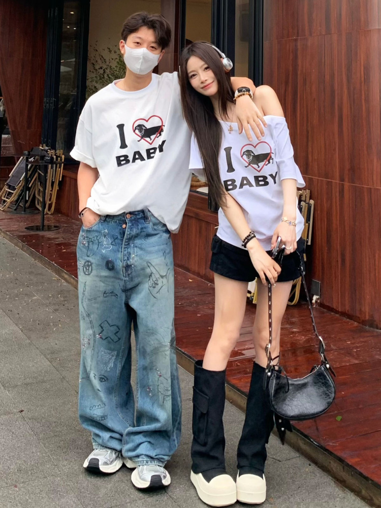 Off-Shoulder Short Sleeve Love Heart T-Shirt for Women - Casual Summer Asymmetrical Top, 90s Inspired, Spicy Sister Style Off-Shoulder Short Sleeve Love Heart T-Shirt for Women - Casual Summer Asymmetrical Top, 90s Inspired, Spicy Sister Style