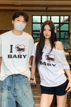 Off-Shoulder Short Sleeve Love Heart T-Shirt for Women - Casual Summer Asymmetrical Top, 90s Inspired, Spicy Sister Style