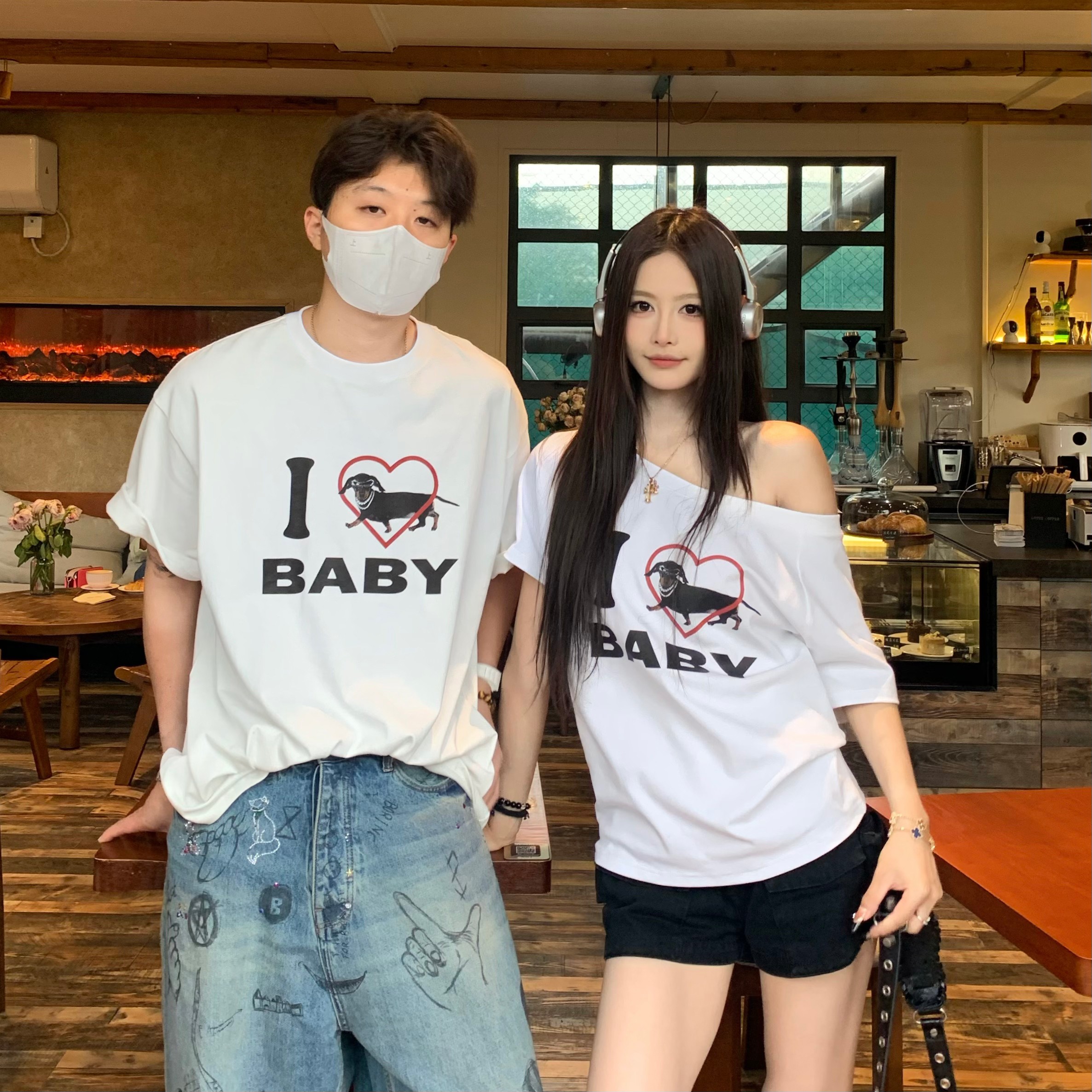 Off-Shoulder Short Sleeve Love Heart T-Shirt for Women - Casual Summer Asymmetrical Top, 90s Inspired, Spicy Sister Style Off-Shoulder Short Sleeve Love Heart T-Shirt for Women - Casual Summer Asymmetrical Top, 90s Inspired, Spicy Sister Style