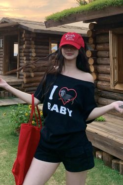 Off-Shoulder Short Sleeve Love Heart T-Shirt for Women - Casual Summer Asymmetrical Top, 90s Inspired, Spicy Sister Style