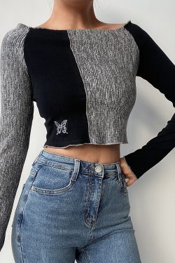 Off-Shoulder Slim High-Waist Short T-Shirt with Butterfly Embroidery - Cute Color-Block Long Sleeve Top for Early Spring Style
