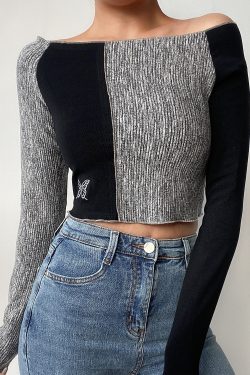 Off-Shoulder Slim High-Waist Short T-Shirt with Butterfly Embroidery - Cute Color-Block Long Sleeve Top for Early Spring Style