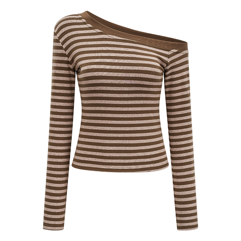 Off-Shoulder Striped Long Sleeve T-Shirt for Women - Slim Fit, Flattering Autumn/Winter Top in European & American Style Off-Shoulder Striped Long Sleeve T-Shirt for Women - Slim Fit, Flattering Autumn/Winter Top in European & American Style