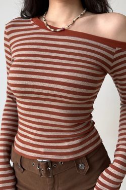 Off-Shoulder Striped Long Sleeve T-Shirt for Women - Slim Fit, Flattering Autumn/Winter Top in European & American Style