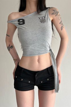 Off-Shoulder Twisted Knot Digital Print Tank Top for Women - Casual Versatile Short Top in American Street Style for Dancing