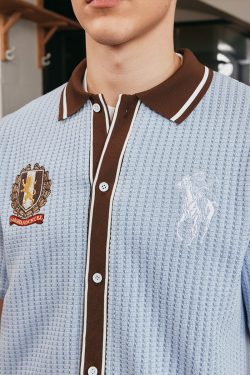 Old Money Style Color Block Short Sleeve Shirt - Soft Woven Fabric with Hollow Out Detail for Vacation, Y2K Inspired Fashion