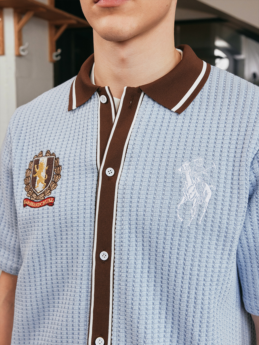 Old Money Style Color Block Short Sleeve Shirt - Soft Woven Fabric with Hollow Out Detail for Vacation, Y2K Inspired Fashion Old Money Style Color Block Short Sleeve Shirt - Soft Woven Fabric with Hollow Out Detail for Vacation, Y2K Inspired Fashion