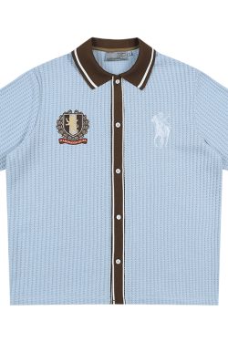 Old Money Style Color Block Short Sleeve Shirt - Soft Woven Fabric with Hollow Out Detail for Vacation, Y2K Inspired Fashion