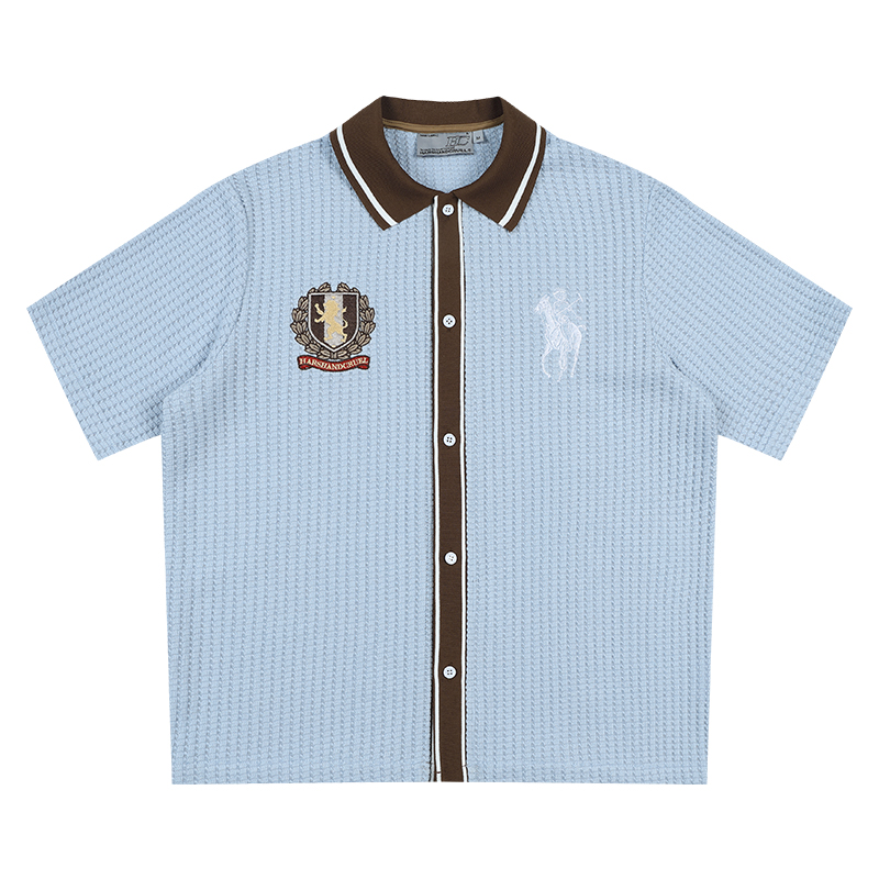 Old Money Style Color Block Short Sleeve Shirt - Soft Woven Fabric with Hollow Out Detail for Vacation, Y2K Inspired Fashion Old Money Style Color Block Short Sleeve Shirt - Soft Woven Fabric with Hollow Out Detail for Vacation, Y2K Inspired Fashion