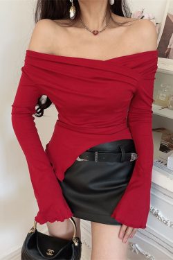 One-Shoulder Fitted Bell Sleeve T-Shirt for Women - Ultra-Slim Waist, American Style, Sexy Design, Perfect for Spicy Y2K Fashion