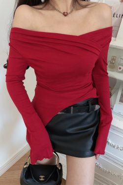 One-Shoulder Fitted Bell Sleeve T-Shirt for Women - Ultra-Slim Waist, American Style, Sexy Design, Perfect for Spicy Y2K Fashion