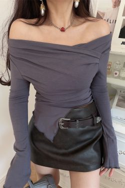 One-Shoulder Fitted Bell Sleeve T-Shirt for Women - Ultra-Slim Waist, American Style, Sexy Design, Perfect for Spicy Y2K Fashion