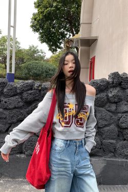 One-Shoulder Korean Style Sweatshirt for Women - Handmade Slimming Soft Long Sleeve Top for Spring and Autumn Fashion