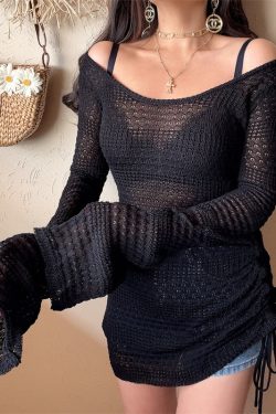 One-Shoulder Pleated Knitted Hollow-Out Bell Sleeve Top - Sexy Vacation Cover-Up for Spring/Summer 2025