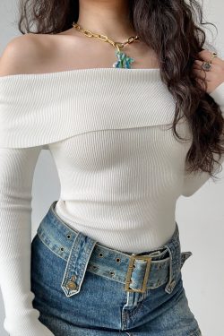One-Shoulder Ribbed White Knitted Sweater for Women - Winter Slim Fit Hot Girl Short Top, European American Style