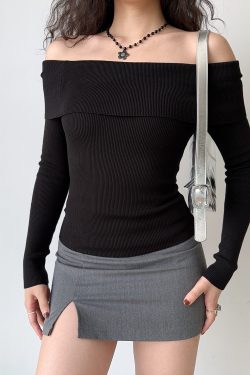 One-Shoulder Ribbed White Knitted Sweater for Women - Winter Slim Fit Hot Girl Short Top, European American Style