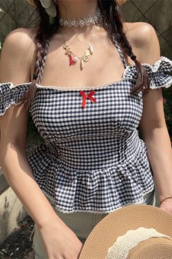 One-Shoulder Ruffled Bow Tie Blouse - Handmade Spring Summer Vacation Top in French Style