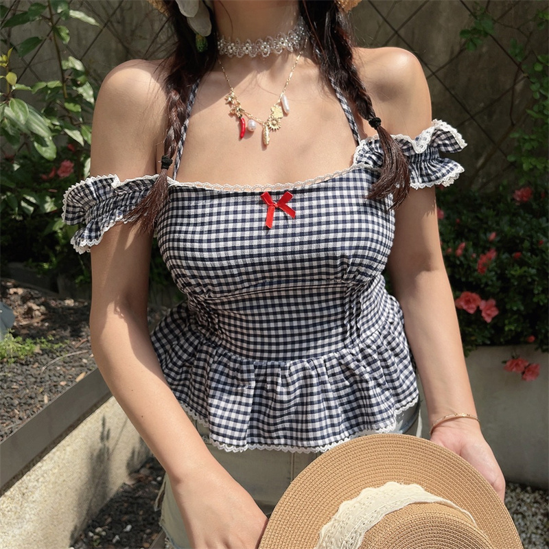 One-Shoulder Ruffled Bow Tie Blouse - Handmade Spring Summer Vacation Top in French Style One-Shoulder Ruffled Bow Tie Blouse - Handmade Spring Summer Vacation Top in French Style