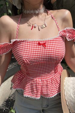 One-Shoulder Ruffled Bow Tie Blouse - Handmade Spring Summer Vacation Top in French Style