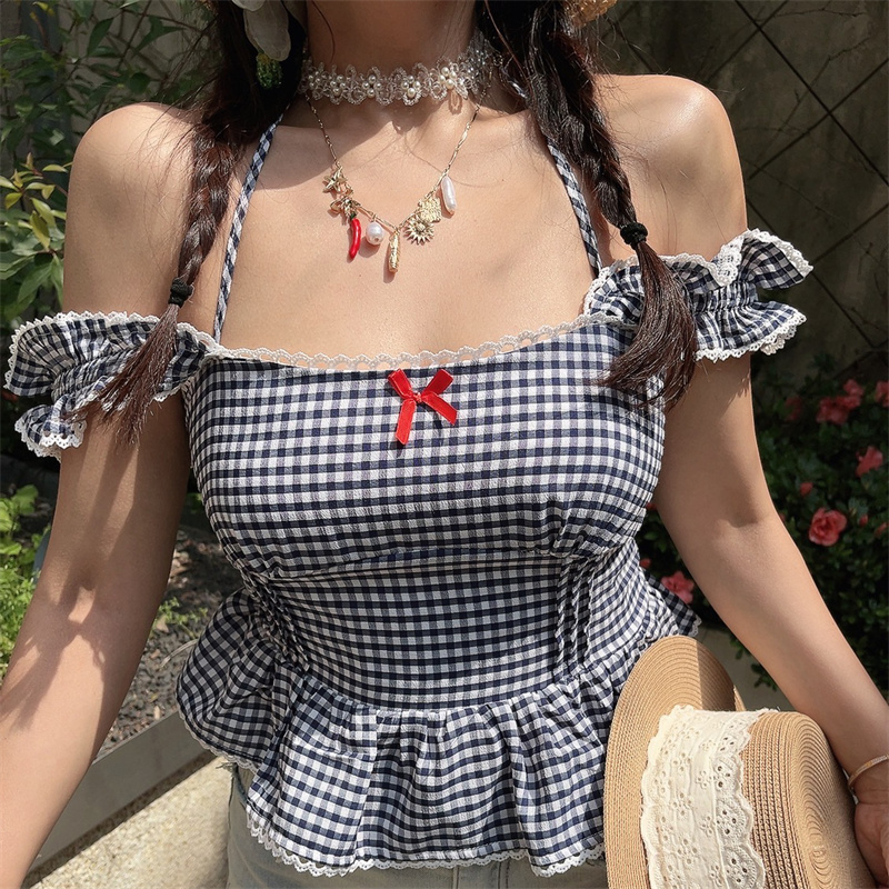 One-Shoulder Ruffled Bow Tie Blouse - Handmade Spring Summer Vacation Top in French Style One-Shoulder Ruffled Bow Tie Blouse - Handmade Spring Summer Vacation Top in French Style