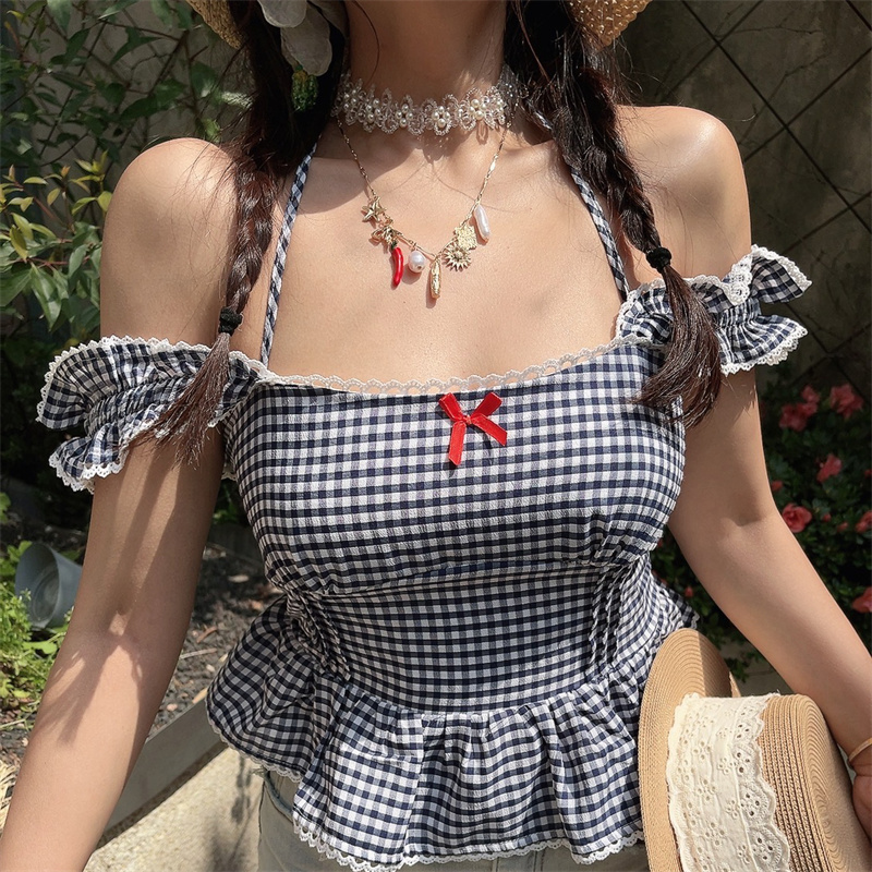 One-Shoulder Ruffled Bow Tie Blouse - Handmade Spring Summer Vacation Top in French Style One-Shoulder Ruffled Bow Tie Blouse - Handmade Spring Summer Vacation Top in French Style