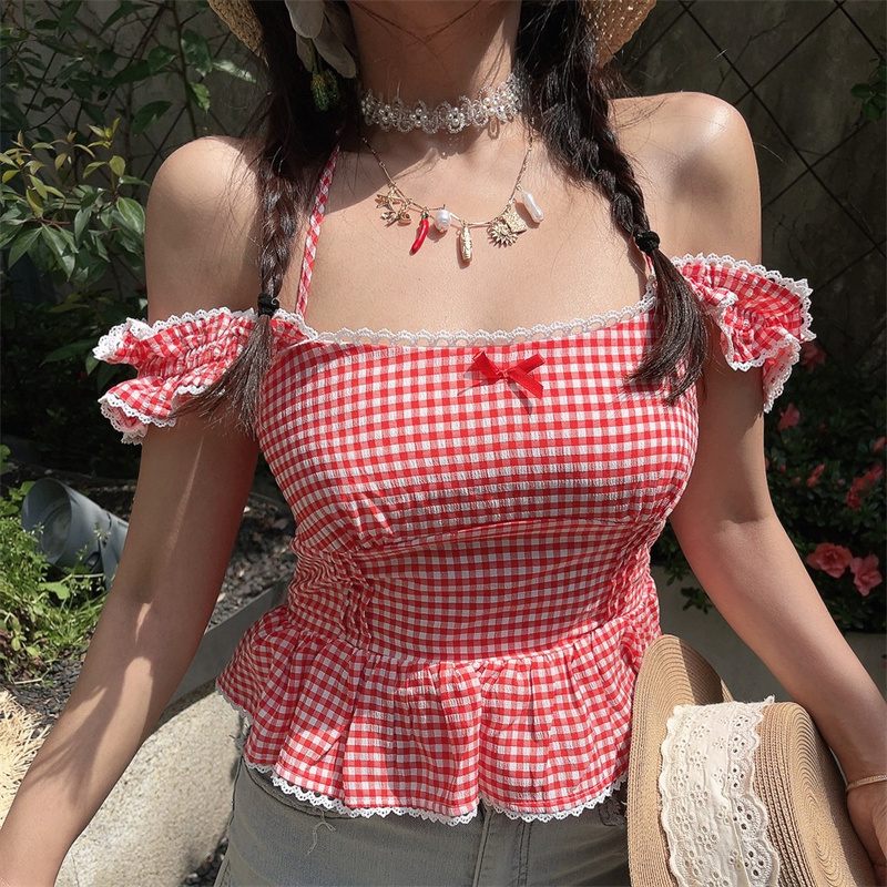 One-Shoulder Ruffled Bow Tie Blouse - Handmade Spring Summer Vacation Top in French Style One-Shoulder Ruffled Bow Tie Blouse - Handmade Spring Summer Vacation Top in French Style