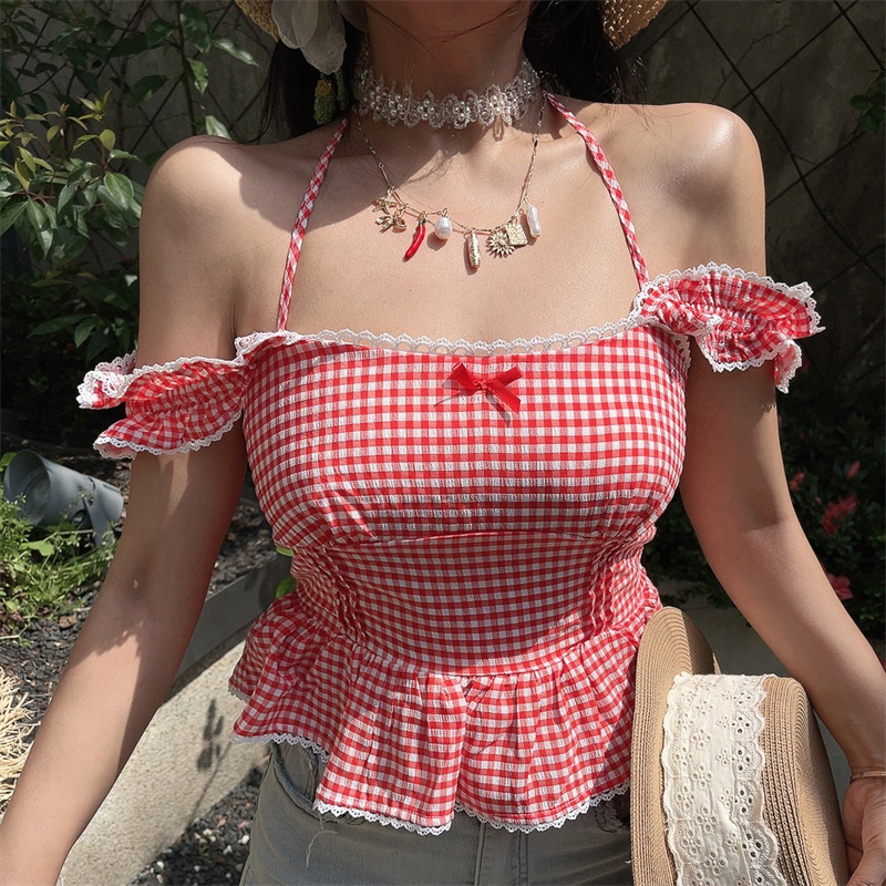 One-Shoulder Ruffled Bow Tie Blouse - Handmade Spring Summer Vacation Top in French Style One-Shoulder Ruffled Bow Tie Blouse - Handmade Spring Summer Vacation Top in French Style